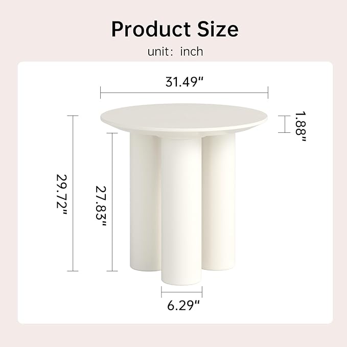 30" White Round Dining Table with Three Stable Legs,Space Saving Coffee Table for 1-4 People, Sturdy Kitchen Furniture, Leisure Side Couch Center Table