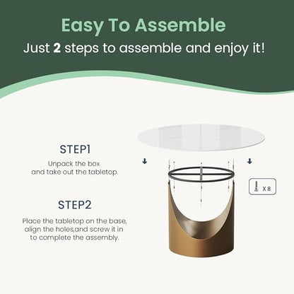 POVISON Round Dining Table for 4, 51" Glossy White Sintered Stone Top Dining Table with Bronze Carbon Steel Pedestal, Modern Dining Room Table for Kitchen, Living Room (Table Only)