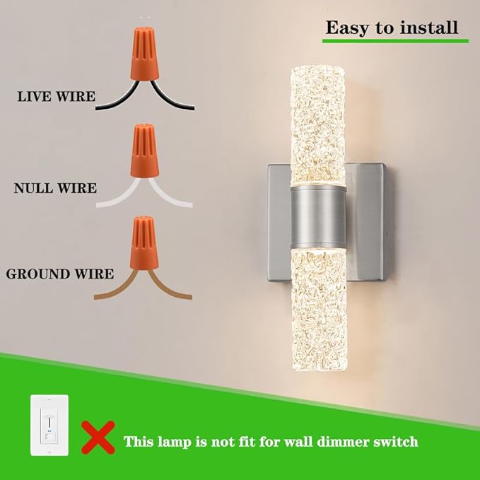 Brushed Nickel Wall Sconces Set of 2, LED Bathroom Vanity Light Fixtures, Hardwired Crystal Sconces Wall Lighting Over Mirror, LED Wall Mount Lights for Bedroom Hallway Indoor, 10W 3000K