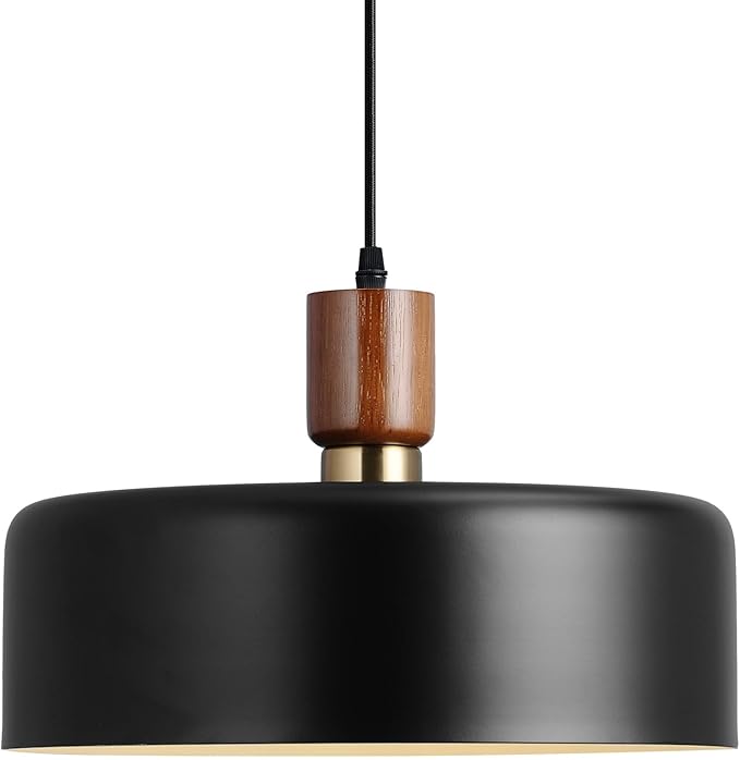 Eustace 13.8 inch Large Pendant Light, Adjustable Metal Chandelier with Solid Wood and Brass Accent, Modern Hanging Light Fixtures for Kitchen Island, Bar, Dining Room, Bedroom, Living Room