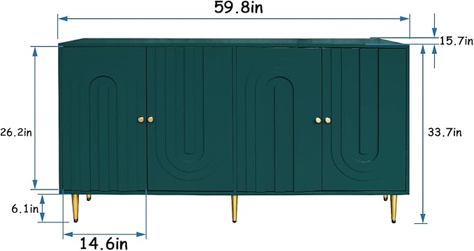60" Modern Sideboard Buffet Accent Cabinet, Green Entryway Table with Storage Wood Credenzas for Living Room Home Bar, 4 Doors & Adjustable Shelves