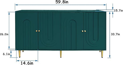 60" Modern Sideboard Buffet Accent Cabinet, Green Entryway Table with Storage Wood Credenzas for Living Room Home Bar, 4 Doors & Adjustable Shelves