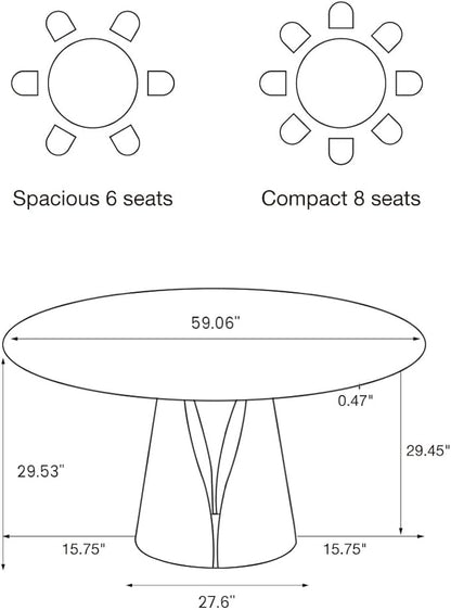 POVISON 60" Glass Round Dining Table for 6, Modern Dining Table 59" Dining Room Table, Round Glass Tabletop with Solid Bronze Carbon Steel Base for Kitchen (Table Only)