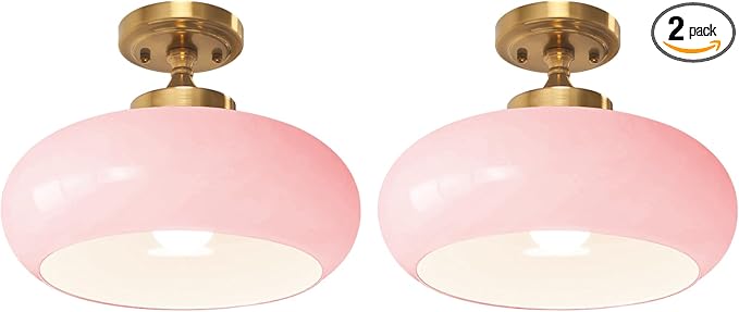 Flush Mount Ceiling Light, 2-Pack 11.02 Inch Pink Glass Close to Ceiling Light Glass Shade Golden Modern Lighting Farmhouse Hallway Light Fixtures for Hotel Entryway Girls Bedroom Foyer