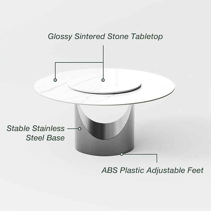 POVISON Round Dining Table for 6, 59" Glossy White Sintered Stone Tabletop Dining Table with 31" Lasy Susan, Grey Carbon Steel Pedestal, Modern Dining Room Table for Kitchen (Table Only)