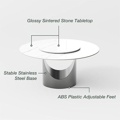 POVISON Round Dining Table for 6, 59" Glossy White Sintered Stone Tabletop Dining Table with 31" Lasy Susan, Grey Carbon Steel Pedestal, Modern Dining Room Table for Kitchen (Table Only)