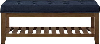 24KF Large Rectangular Upholstered Tufted Linen Fabric Ottoman Bench, Padded Bench with Solid Wood Shelf-Navy Blue