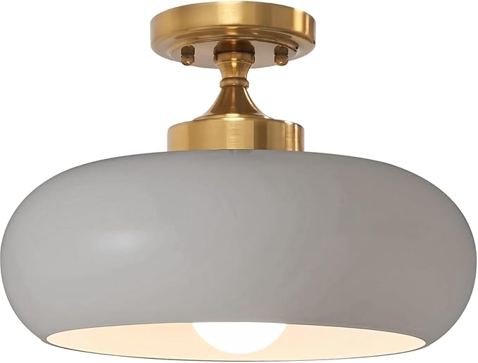 Mid Century Modern Semi Flush Mount Ceiling Light, Gold Kitchen Ceiling Light Fixture with Glass Shade, Grey Close to Ceiling Lamp Mini for Entryway Hallway Bathroom