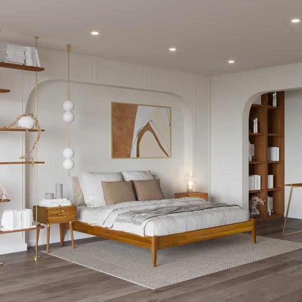 Bme Dinkee King Bed Frame Wood 15 Inch - Solid Wood Platform Bed Frame - Japanese Joinery Bed - Modern & Minimalist Style - Wood Slat Support - Easy Assembly - No Box Spring Needed - Caramel