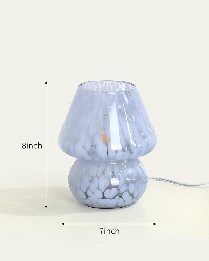 ONEWISH Mushroom Lamp Small Table Lamp-Nightstand Nightlight Dimmable Stepless, Translucent Glass Desk Lamp for Bedroom Dorm Living Kitchen, Murano Style Aesthetic Cute Home Decor(Blue)