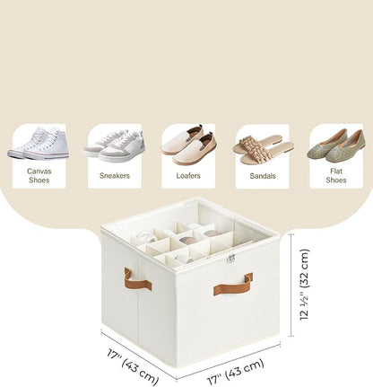 StorageWorks Shoe Organizer for Closet, Fits up to 16 Pairs, Shoe Cubby Storage Containers with Adjustable Dividers and Clear Cover, Beige