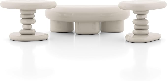 24/7 Shop at Home Kavren Modern 37-inch 3-Piece Oval Glossy Low Profile Coffee Table Set, Stone Shape Living Room Furniture for Small Space, Ivory