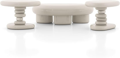 24/7 Shop at Home Kavren Modern 37-inch 3-Piece Oval Glossy Low Profile Coffee Table Set, Stone Shape Living Room Furniture for Small Space, Ivory