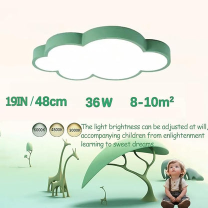 DELIPUSIH Cloud Shape LED Ceiling Light, 48cm, 36W, 3 Color Modes with Remote Control, Dimmable, Green Children's Room Ceiling Lamp