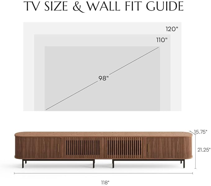 POVISON Fully-Assembled Sliding Tambour Door TV Stand, Mid Century Modern TV Console, Wood Media Console, Entertainment Center with Storage Cabinet (Walnut, 118.11")