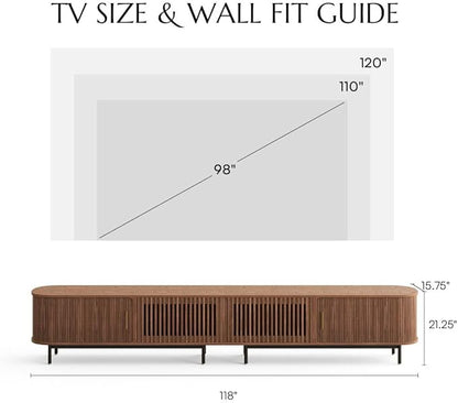 POVISON Fully-Assembled Sliding Tambour Door TV Stand, Mid Century Modern TV Console, Wood Media Console, Entertainment Center with Storage Cabinet (Walnut, 118.11")