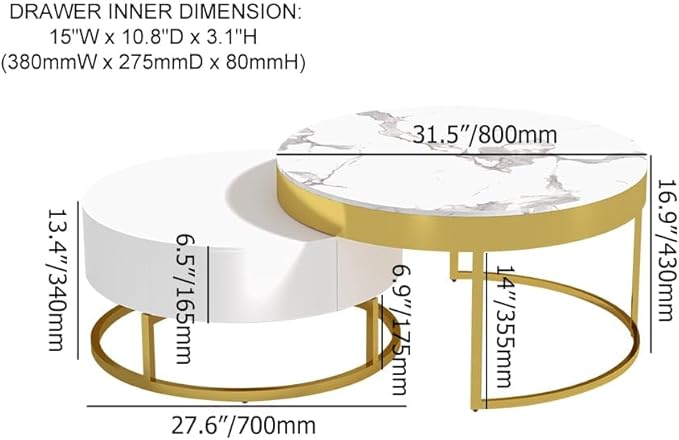 homary Round Lift-Top Coffee Table with Storage, White Faux Marble Nesting Coffee Tables with Rotatable Drawers for Living Room