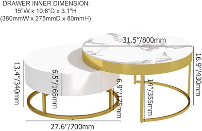 homary Round Lift-Top Coffee Table with Storage, White Faux Marble Nesting Coffee Tables with Rotatable Drawers for Living Room