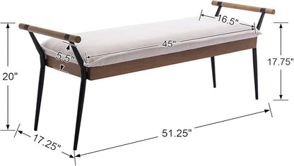 DUOMAY Modern Rectangle Ottoman Bench with Arms and Metal Legs, Mid Century Chenille Fabric Dining Table Bench Footstool Entryway Shoe Bench for Dining Room Bedroom Living Room, White