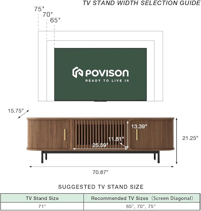 POVISON Sliding Tambour Door TV Stand, Mid Century Modern Sintered Stone TV Console, Wood Media Console for 70 Inch TV, Entertainment Center with Storage Cabinet, Fully-Assembled (Walnut, 70.87")