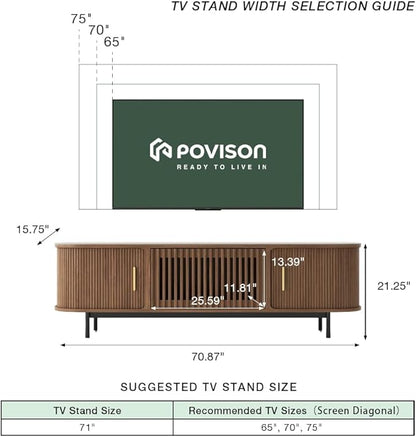 POVISON Sliding Tambour Door TV Stand, Mid Century Modern Sintered Stone TV Console, Wood Media Console for 70 Inch TV, Entertainment Center with Storage Cabinet, Fully-Assembled (Walnut, 70.87")