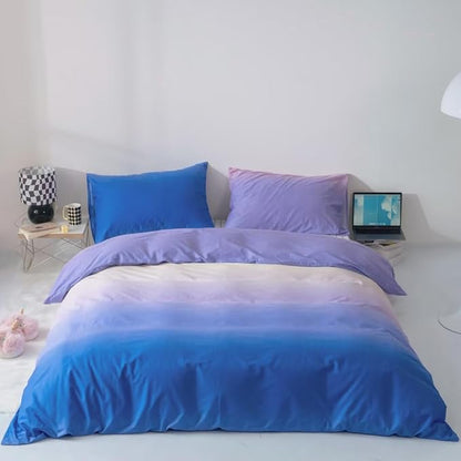 CLOTHKNOW Blue Purple King Size Comforter Set Gradient Bedding Comforter Sets Purple Comforter Soft Blue White Comforter with 2 x Pillow Cases