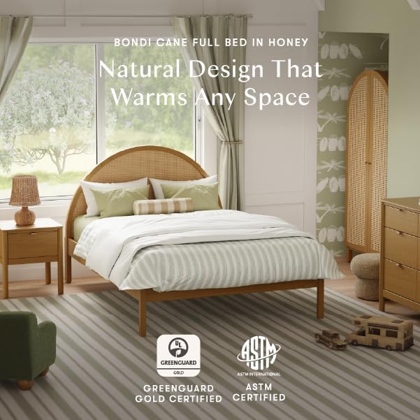 Babyletto Bondi Cane Full Size Bed Frame with Headboard & Footboard - GREENGUARD Gold Certified - Cane Paneling Platform Bedframe for Kids & Tweens - Solid Wood Full Bed No Box Spring Needed - Honey