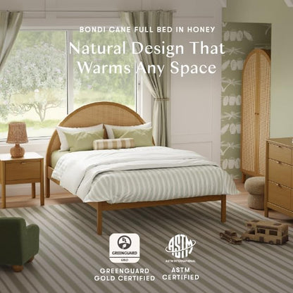 Babyletto Bondi Cane Full Size Bed Frame with Headboard & Footboard - GREENGUARD Gold Certified - Cane Paneling Platform Bedframe for Kids & Tweens - Solid Wood Full Bed No Box Spring Needed - Honey