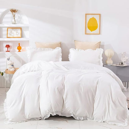 CLOTHKNOW White Full Size Comforter Sets Ruffles Farmhouse Bedding Comforter Sets Boho Comforter Vintage Rustic Shabby Chic Comforter with 2 x Pillow Cases