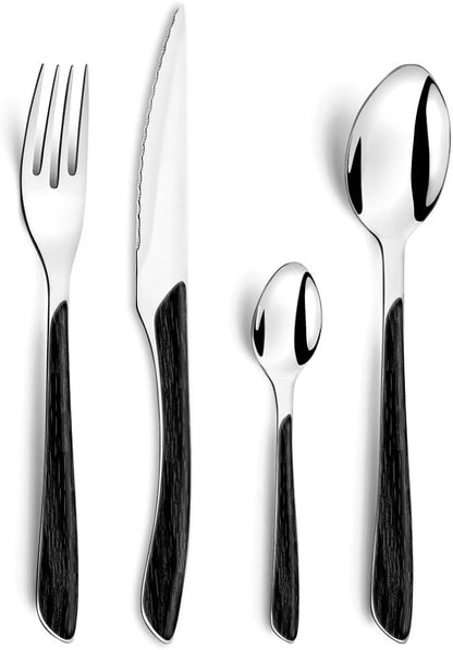 Amefa Eclat Nature 24-Piece Black Wood Pattern Handle Stainless Steel Flatware & Silverware Set for 6-18/0 Knife Set with Steak Knives, Forks & Spoons - Dishwasher Safe - Black Silverware - Cutlery