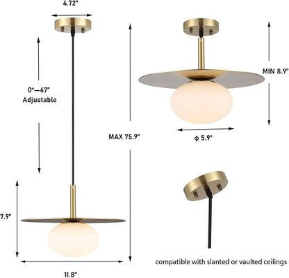 Modern Globe Pendant Lighting Milky White Glass Shade Brass Gold Farmhouse Pendant Light 11.81" Dome Industrial Mid Century Hanging Ceiling Light Fixture Kitchen Island Dinning Room Bedroom