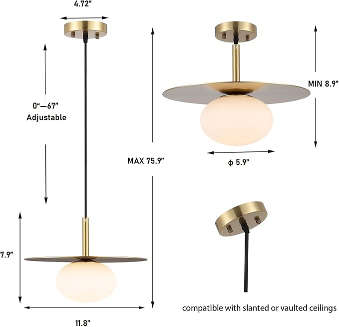 Modern Globe Pendant Lighting Set of Two Milky White Glass Shade Brass Gold Farmhouse Pendant Light 11.81" Dome Industrial Hanging Ceiling Light Fixture Kitchen Island Dinning Room Bedroom