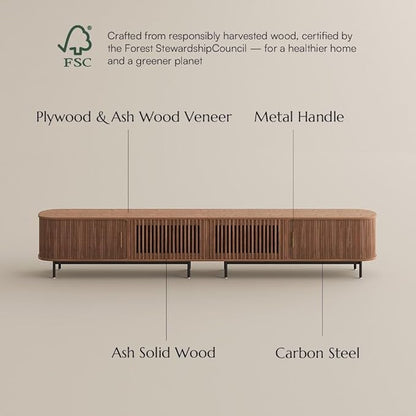 POVISON Fully-Assembled Sliding Tambour Door TV Stand, Mid Century Modern TV Console, Wood Media Console, Entertainment Center with Storage Cabinet (Walnut, 118.11")