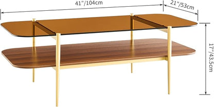 Saint Mossi Tadio Double Layer Glass Coffee Table for Living Room, Brown Glass & Coffee Brown MDF Bottom Shelf with Rounded Corners, L41xW21xH17