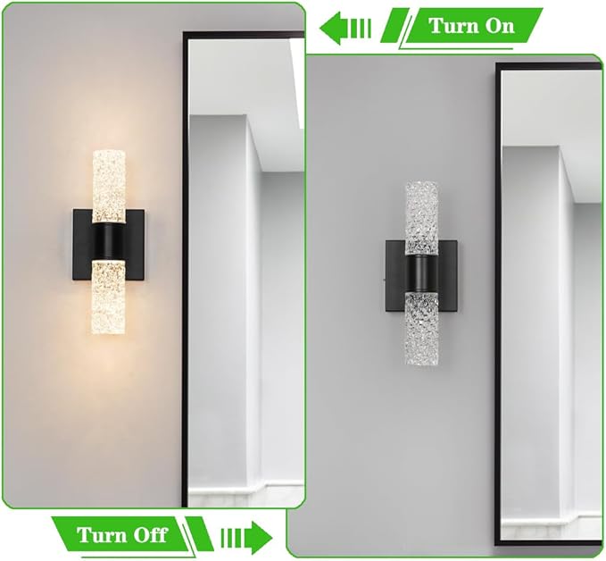 Black Sconces Wall Decor Set of 2, Crystal Bathroom Vanity Light Fixture, Modern Hardwired Wall Sconce Light Over Mirror, LED Sconces Wired for Bedroom Hallway Stairwells