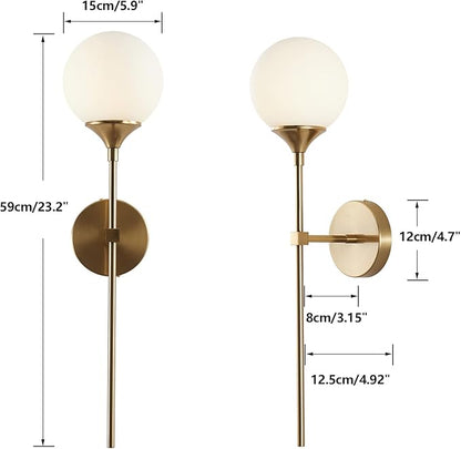 KCO Lighting Modern Milk Glass Wall Mounted Light Gold Long Sconces Wall Lighting Globe Ball Round Wall Lamp Bathroom Bar Stairway Wall Light Fixture Brushed Brass Wall Sconce
