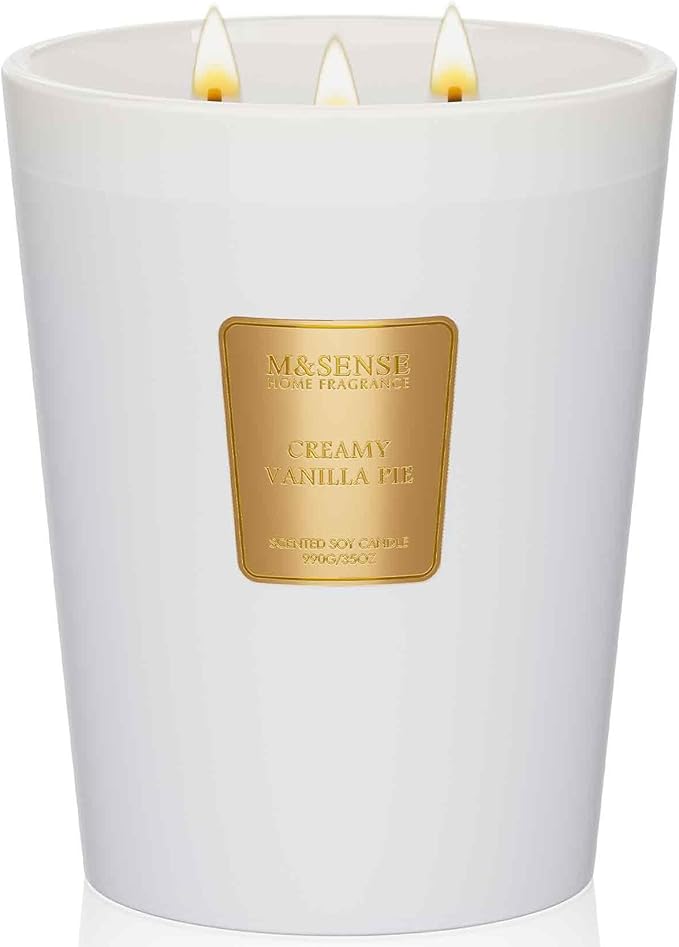 M&SENSE Extra Large Candle Creamy Vanilla Scented, 3-Wick 35oz 150H Long Lasting, Natural Soy Wax Aromatherapy Candle for Stress Relief, Home Fragrance Fall Winter Christmas Thanksgiving Gifts