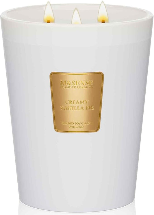 M&SENSE Extra Large Candle Creamy Vanilla Scented, 3-Wick 35oz 150H Long Lasting, Natural Soy Wax Aromatherapy Candle for Stress Relief, Home Fragrance Fall Winter Christmas Thanksgiving Gifts