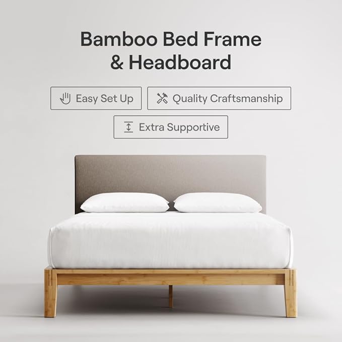 Nectar Bamboo Platform Bed Frame & Upholstered Headboard - Queen - Walnut/Slate - Floating Center Support Legs -12” Height - Easy Tool Free Set Up - Sturdy Wooden Support Slats - Holds Up To 800 lbs