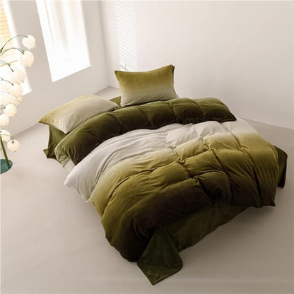 CLOTHKNOW Green White Fluffy Comforter Set Twin/Twin XL 3Pcs Gradient Green Velvet Bedding Comforter Sets Olive Green Comforter Sets