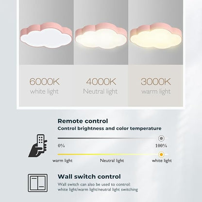 Ceiling Light Pink 26" 54w Close to Ceiling Light Fixtures with Remote Cloud Shaped ;Led Ceiling Lamp Flush Mount Ceiling Lighting Fixture for Kids Bedroom/Kindergarten/Hallway/Balcony