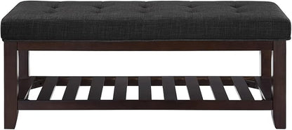 24KF Large Rectangular Upholstered Tufted Linen Ottoman Bench, Padded Bench with Solid Wood Shelf-Dark Gray