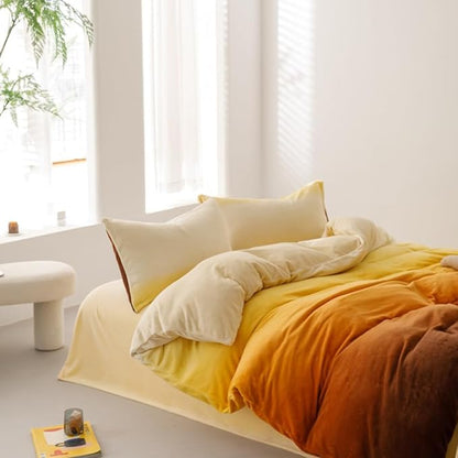 CLOTHKNOW Orange White Velvet Comforter Sets Twin/Twin XL Gradient Yellow Bedding Comforter Sets Soft