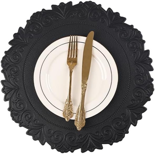 Noctiflorous Round Faux Leather 15 Inch Placemats Set of 4 Waterproof Wipeable Heat Resistant Tablemat for Dining Table Kitchen Non Slip Washable Oilproof Table Place Mat for Indoor Outdoor(Black, 4)