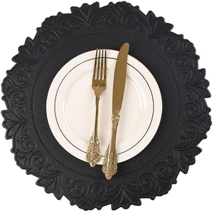 Noctiflorous Round Faux Leather 15 Inch Placemats Set of 4 Waterproof Wipeable Heat Resistant Tablemat for Dining Table Kitchen Non Slip Washable Oilproof Table Place Mat for Indoor Outdoor(Black, 4)