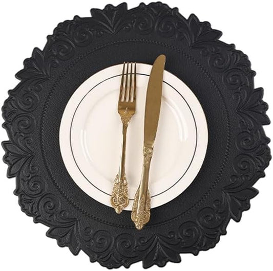 Noctiflorous Round Faux Leather 15 Inch Placemats Set of 6 Waterproof Wipeable Heat Resistant Tablemat for Dining Table Kitchen Non Slip Washable Oilproof Table Place Mat for Indoor Outdoor(Black, 6)