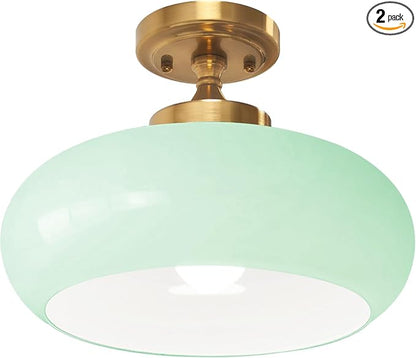 Mid Century Modern Ceiling Lamp 1-Light Gold Ceiling Light Classic Green Glass Shade Vintage Design Glass Flush Mount Lights for Hallway Living Room Kitchen (Mint Green)