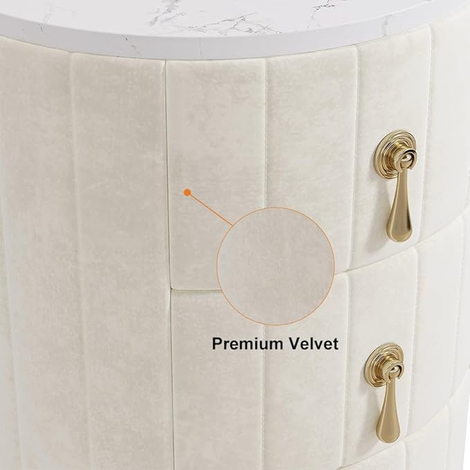 homary White Velvet Nightstand with 3 Drawers, Round Bedside Table with Sintered Stone Top, Modern Nightstand with Storage for Bedroom, End Table for Living Room