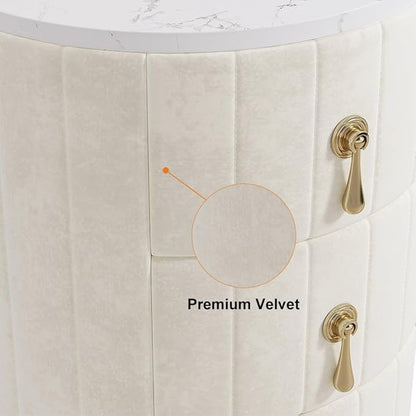 homary White Velvet Nightstand with 3 Drawers, Round Bedside Table with Sintered Stone Top, Modern Nightstand with Storage for Bedroom, End Table for Living Room