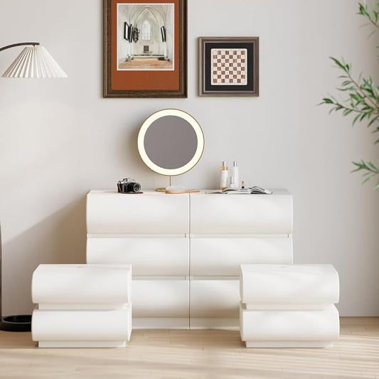homary 3 Piece Bedroom Sets, White Nightstands Set of 2 and 6 Drawers Dresser, Smart Night Stand with Wireless Charging USB, Faux Leather Chest of Drawers Storage Drawers 3Pcs